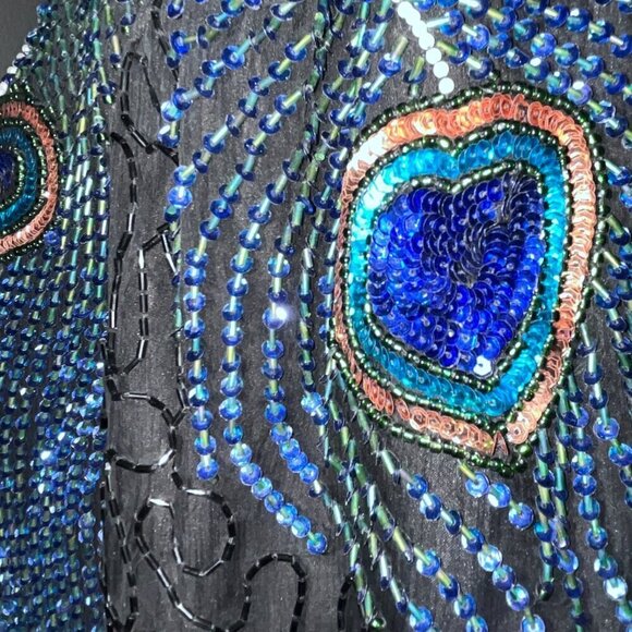 LAWRENCE KAZAR NEW YORK Beaded Top Black Peacock Design 100% Silk Plus Size 2X - Picture 13 of 16